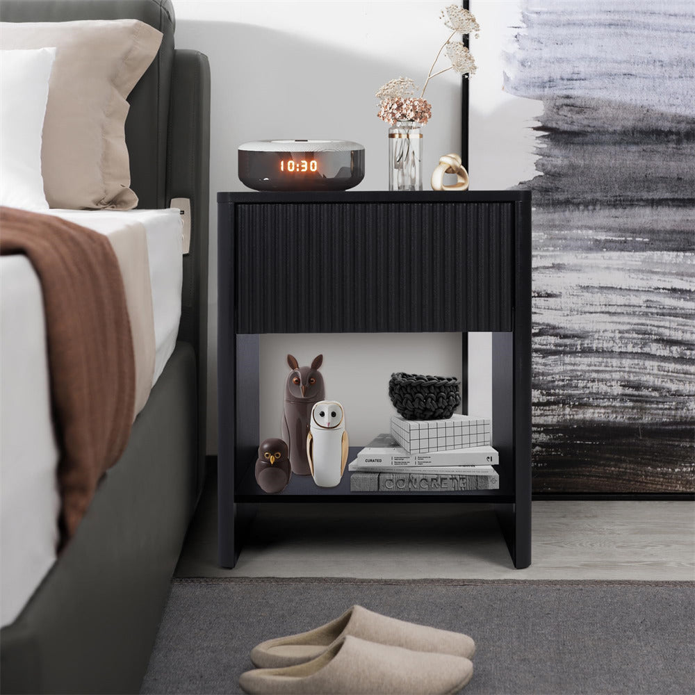 Black Modern Boho Wood Nightstand with Drawer and Fluted Cabinet