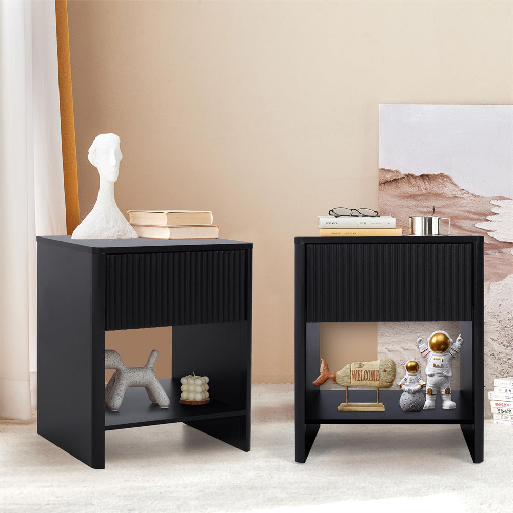 Black Modern Boho Wood Nightstand Set 2 with Drawer and Fluted Cabinet