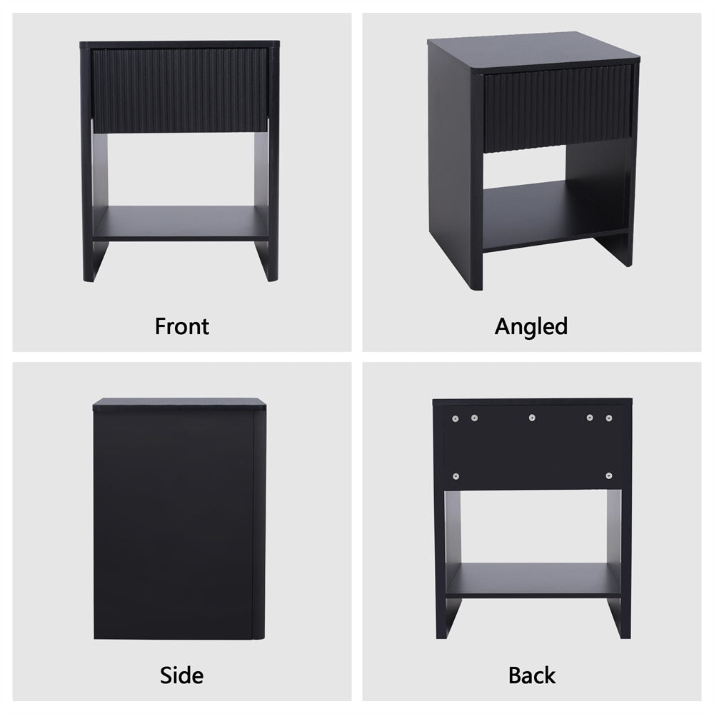 Black Modern Boho Wood Nightstand with Drawer and Fluted Cabinet