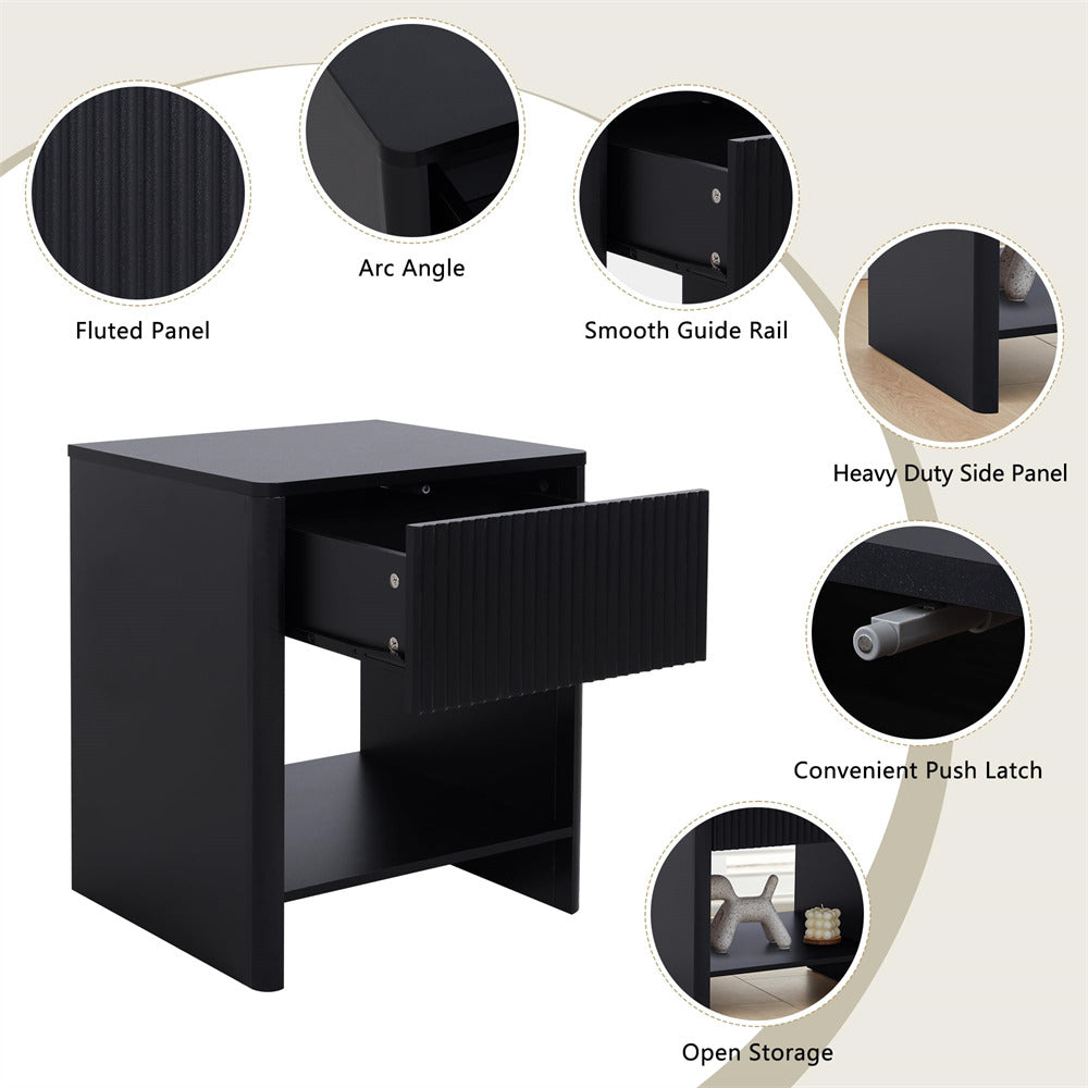 Black Modern Boho Wood Nightstand with Drawer and Fluted Cabinet