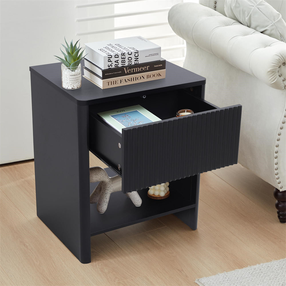 Black Modern Boho Wood Nightstand with Drawer and Fluted Cabinet