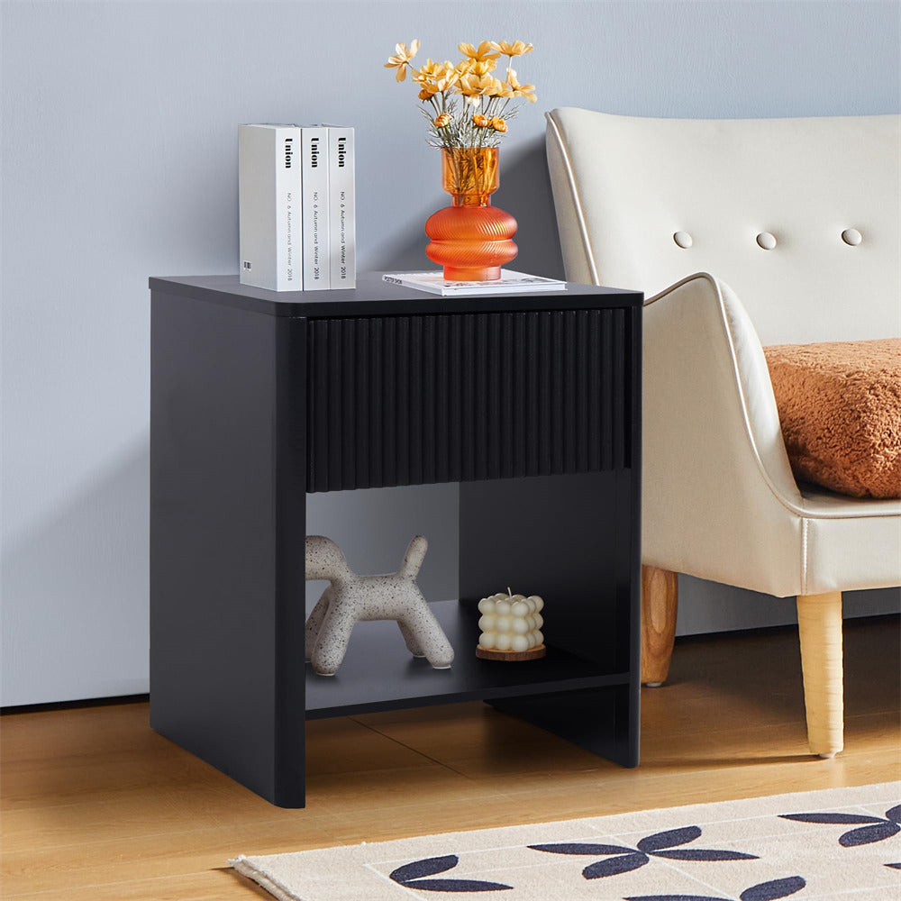 Black Modern Boho Wood Nightstand with Drawer and Fluted Cabinet