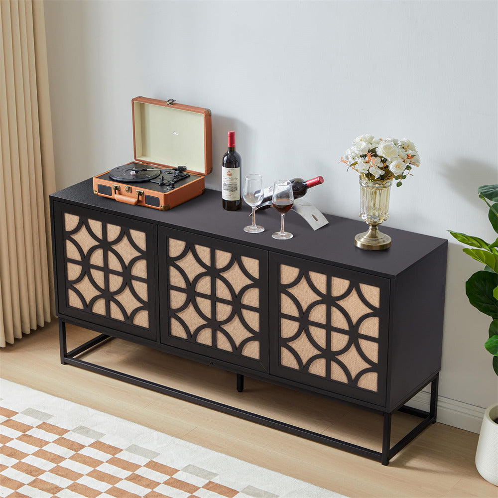 Black Modern Farmhouse Sideboard Buffet Storage Cabinet with 3 Flax Door and Adjustable Shelves