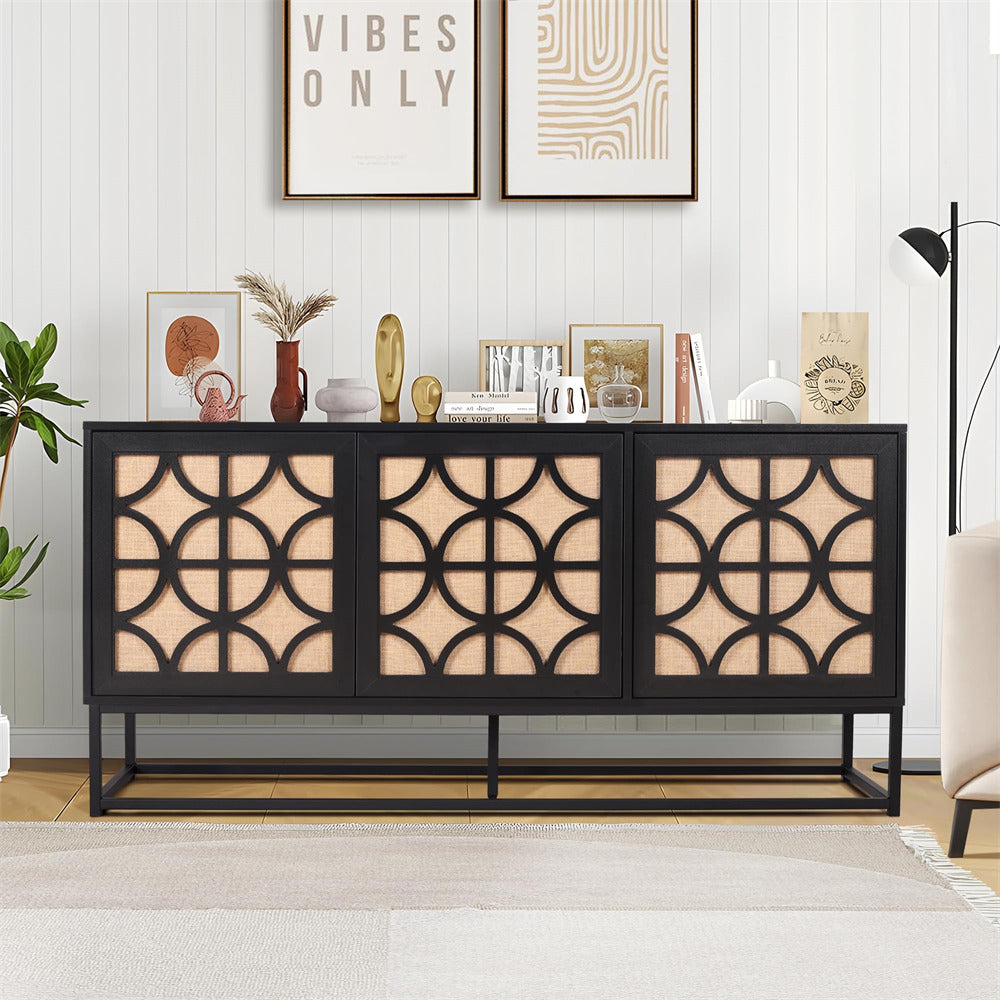 Black Modern Farmhouse Sideboard Buffet Storage Cabinet with 3 Flax Door and Adjustable Shelves
