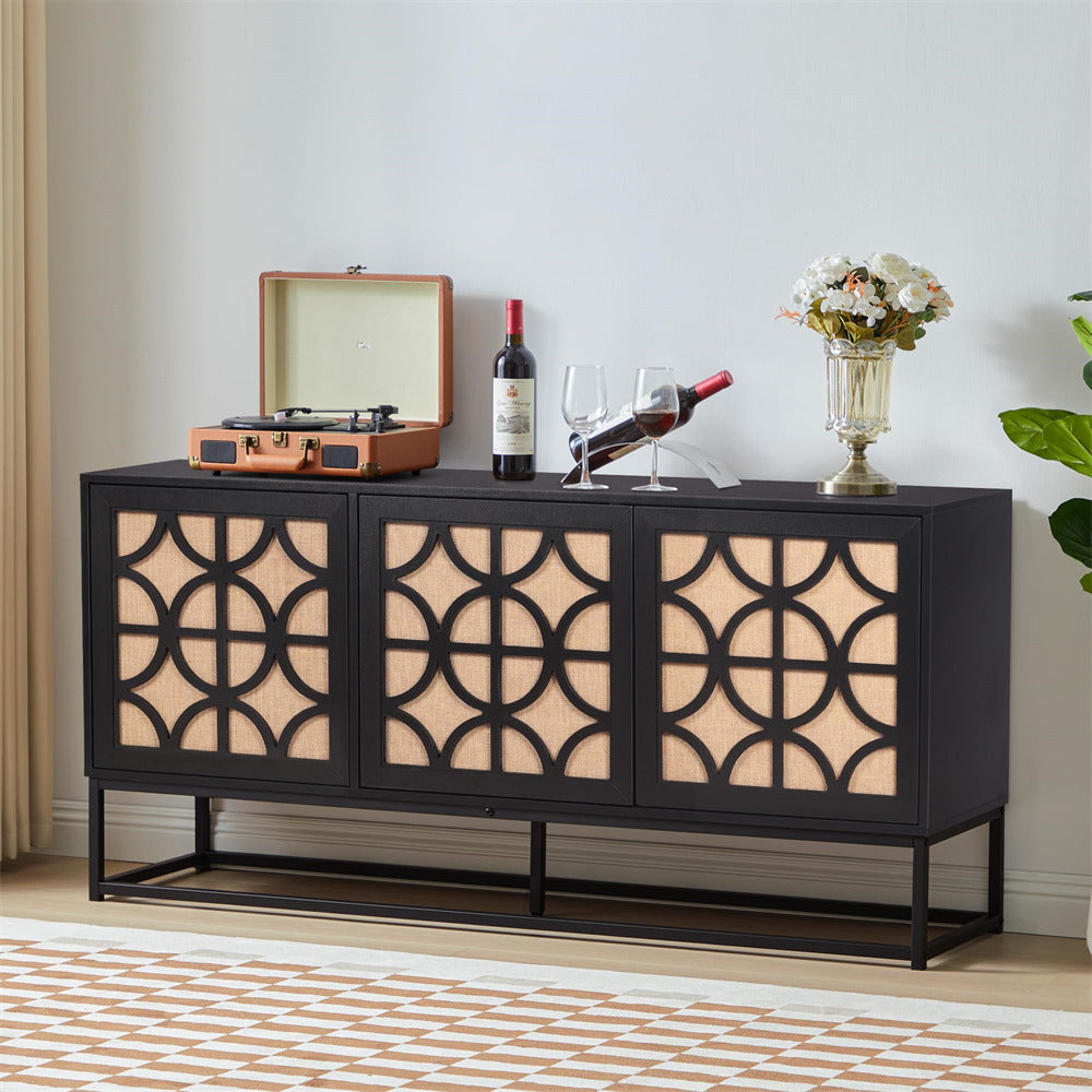 Black Modern Farmhouse Sideboard Buffet Storage Cabinet with 3 Flax Door and Adjustable Shelves