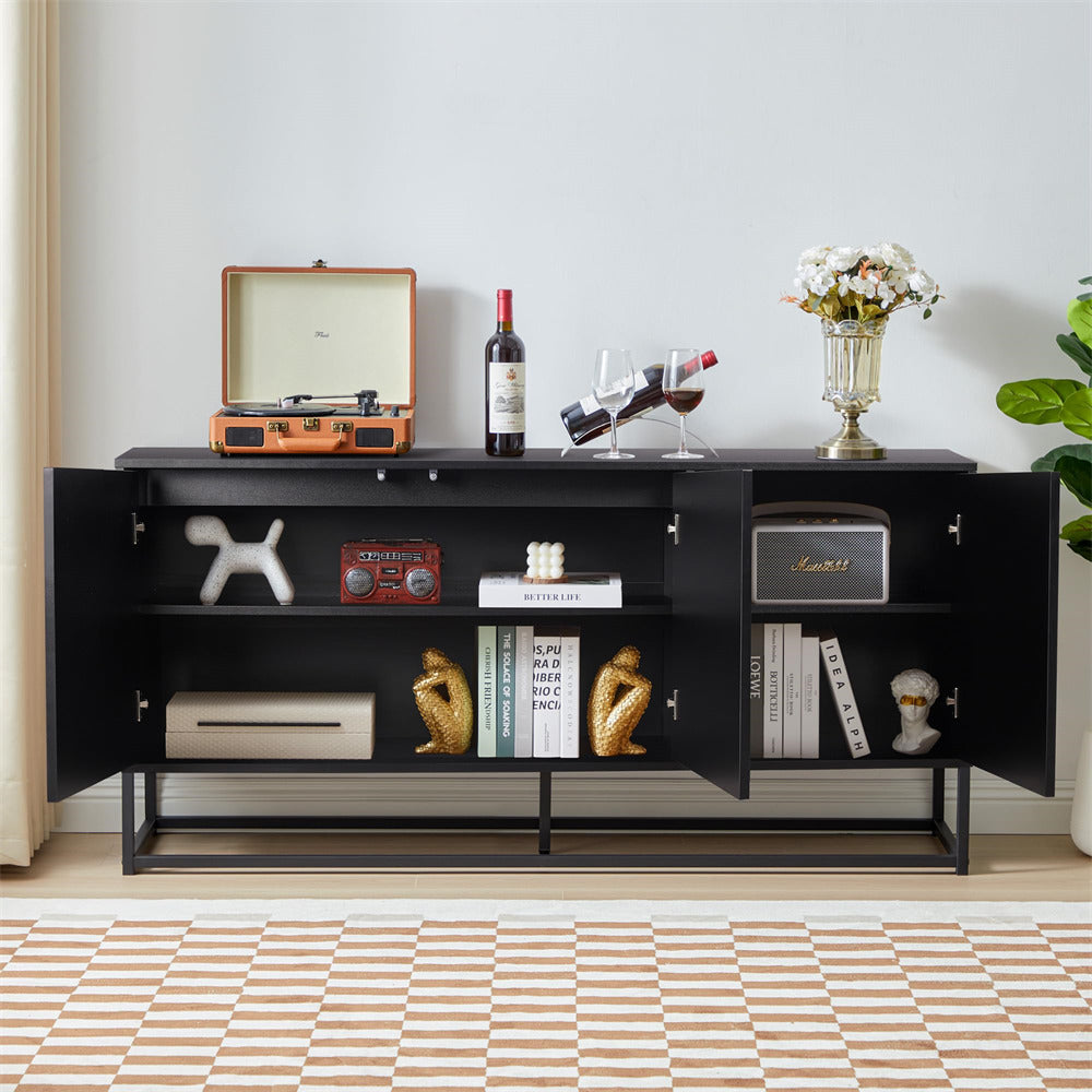 Black Modern Farmhouse Sideboard Buffet Storage Cabinet with 3 Flax Door and Adjustable Shelves