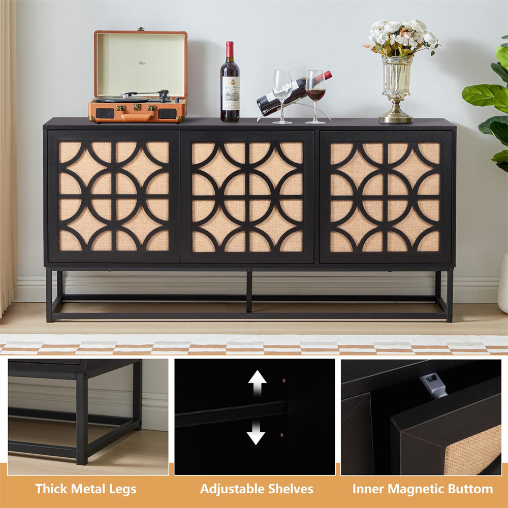Black Modern Farmhouse Sideboard Buffet Storage Cabinet with 3 Flax Door and Adjustable Shelves