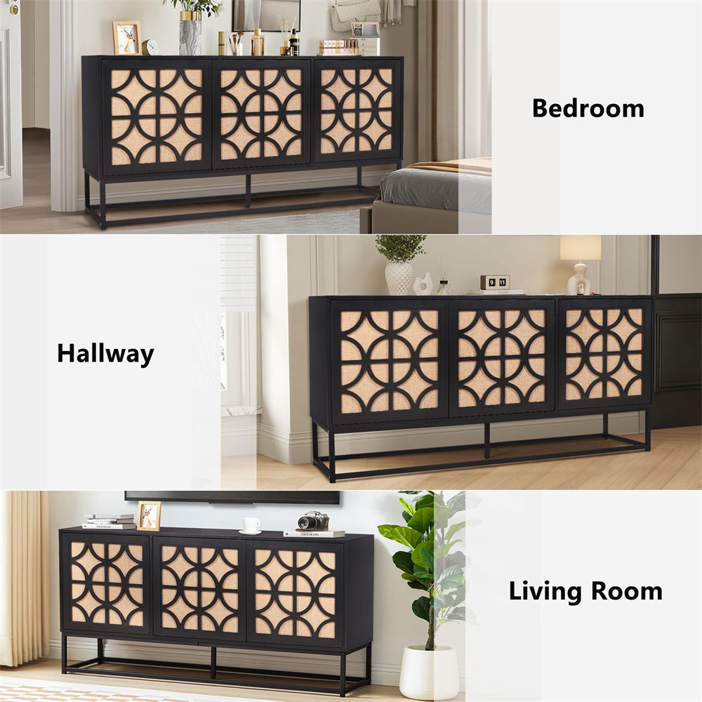 Black Modern Farmhouse Sideboard Buffet Storage Cabinet with 3 Flax Door and Adjustable Shelves