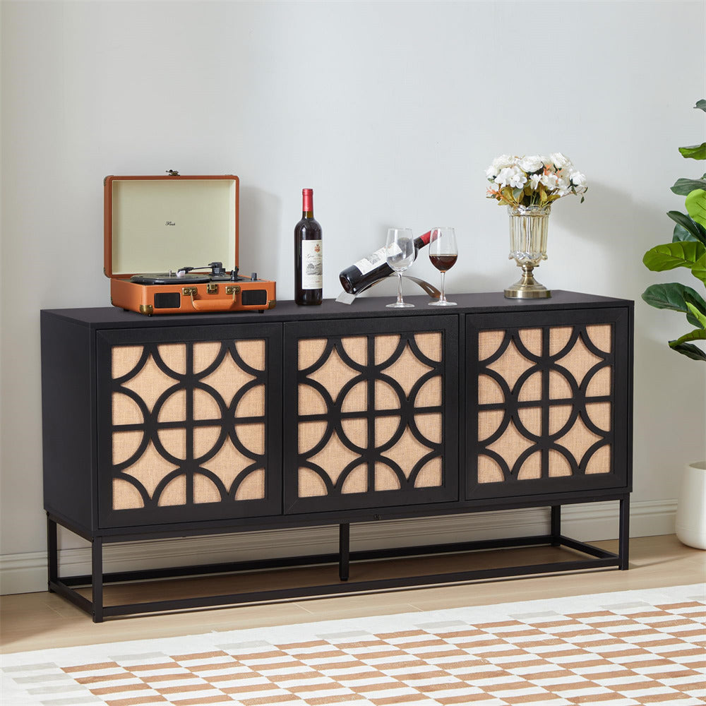 Black Modern Farmhouse Sideboard Buffet Storage Cabinet with 3 Flax Door and Adjustable Shelves