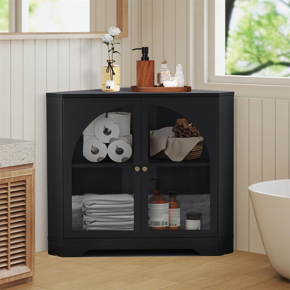 Black Modern Floor Corner Cabinet Small Curved Narrow Cabinet with Doors and Adjustable Shelves