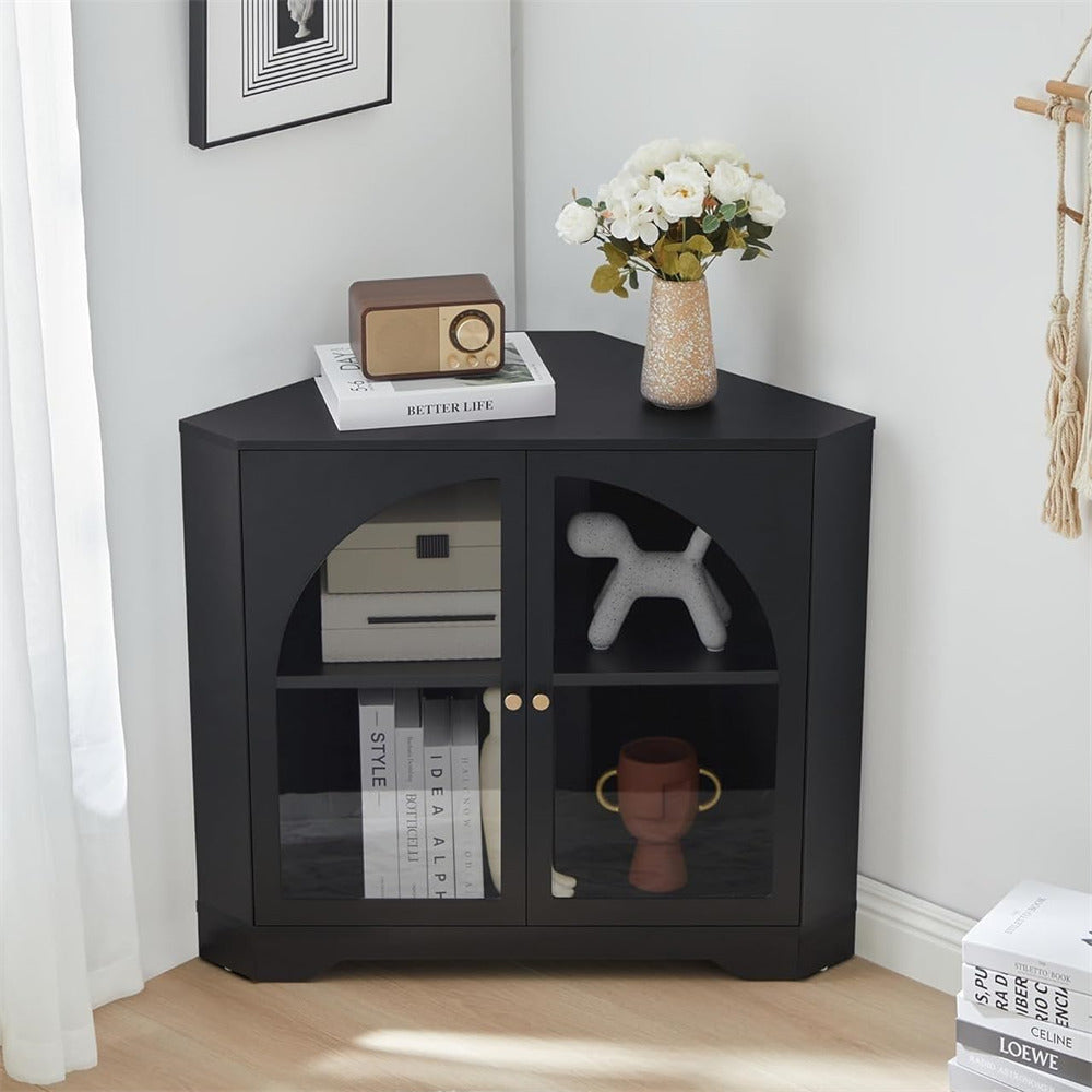 Black Modern Floor Corner Cabinet Small Curved Narrow Cabinet with Doors and Adjustable Shelves
