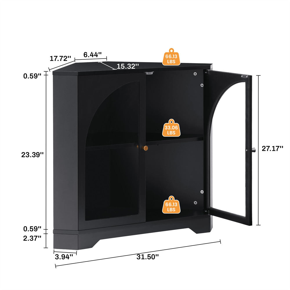 Black Modern Floor Corner Cabinet Small Curved Narrow Cabinet with Doors and Adjustable Shelves