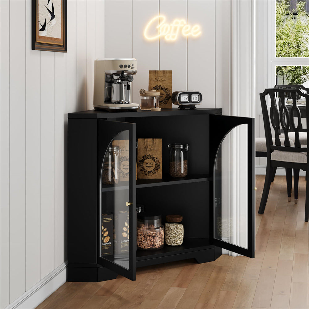 Black Modern Floor Corner Cabinet Small Curved Narrow Cabinet with Doors and Adjustable Shelves