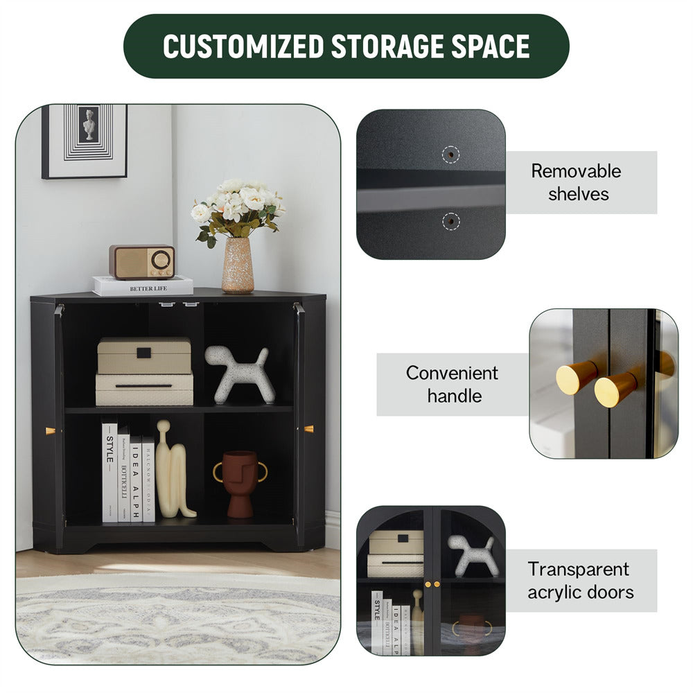 Black Modern Floor Corner Cabinet Small Curved Narrow Cabinet with Doors and Adjustable Shelves