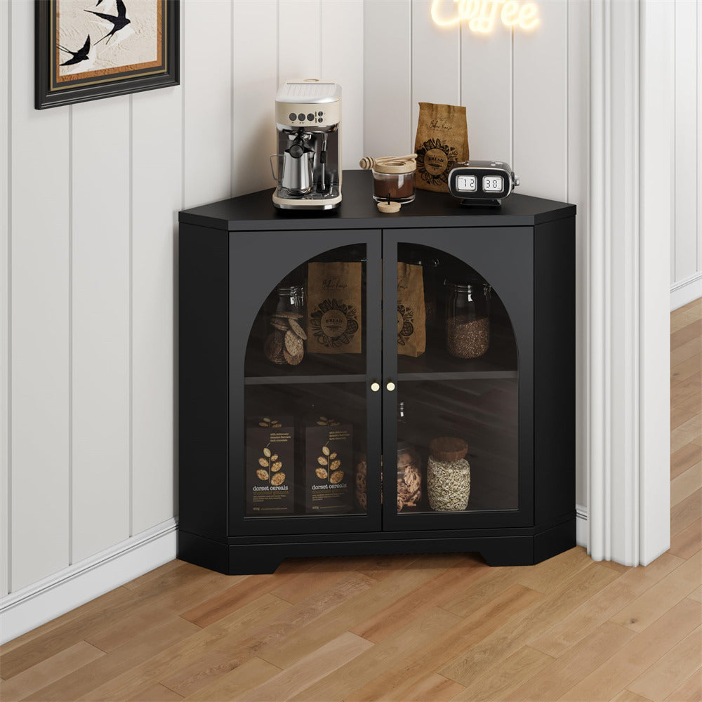 Black Modern Floor Corner Cabinet Small Curved Narrow Cabinet with Doors and Adjustable Shelves