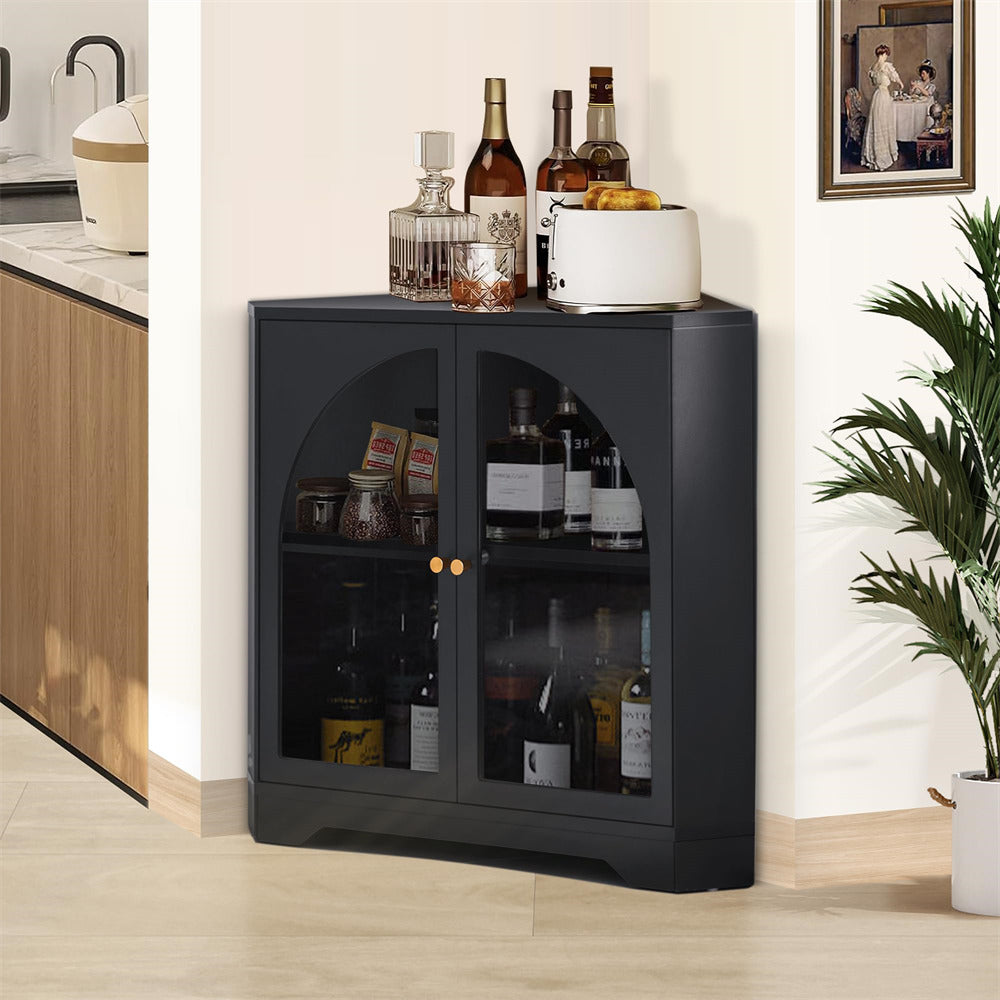 Black Modern Floor Corner Cabinet Small Curved Narrow Cabinet with Doors and Adjustable Shelves