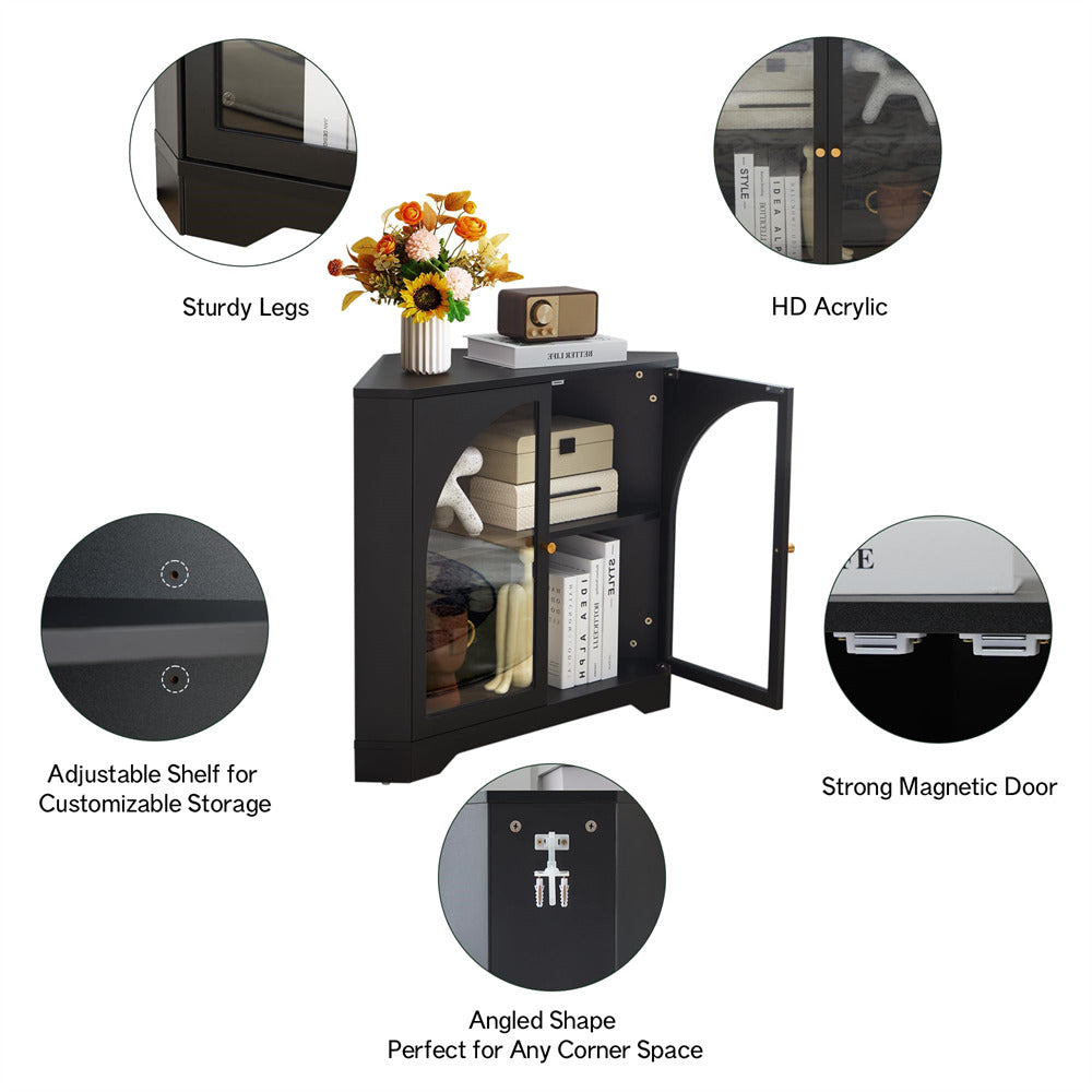 Black Modern Floor Corner Cabinet Small Curved Narrow Cabinet with Doors and Adjustable Shelves