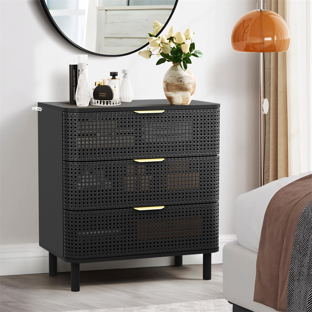 Black Modern Iron Rattan 3 Drawer Dresser Accent Storage Cabinet