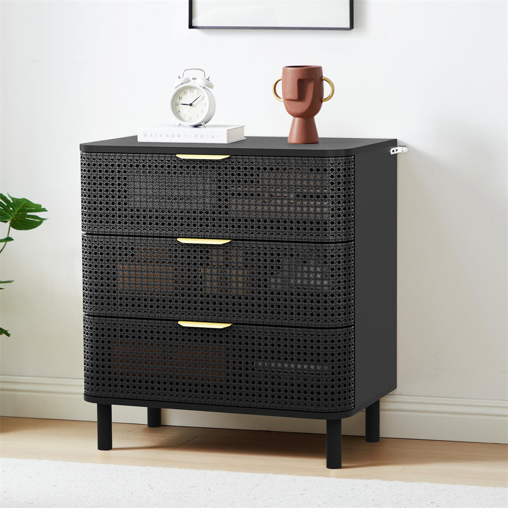 Black Modern Iron Rattan 3 Drawer Dresser Accent Storage Cabinet