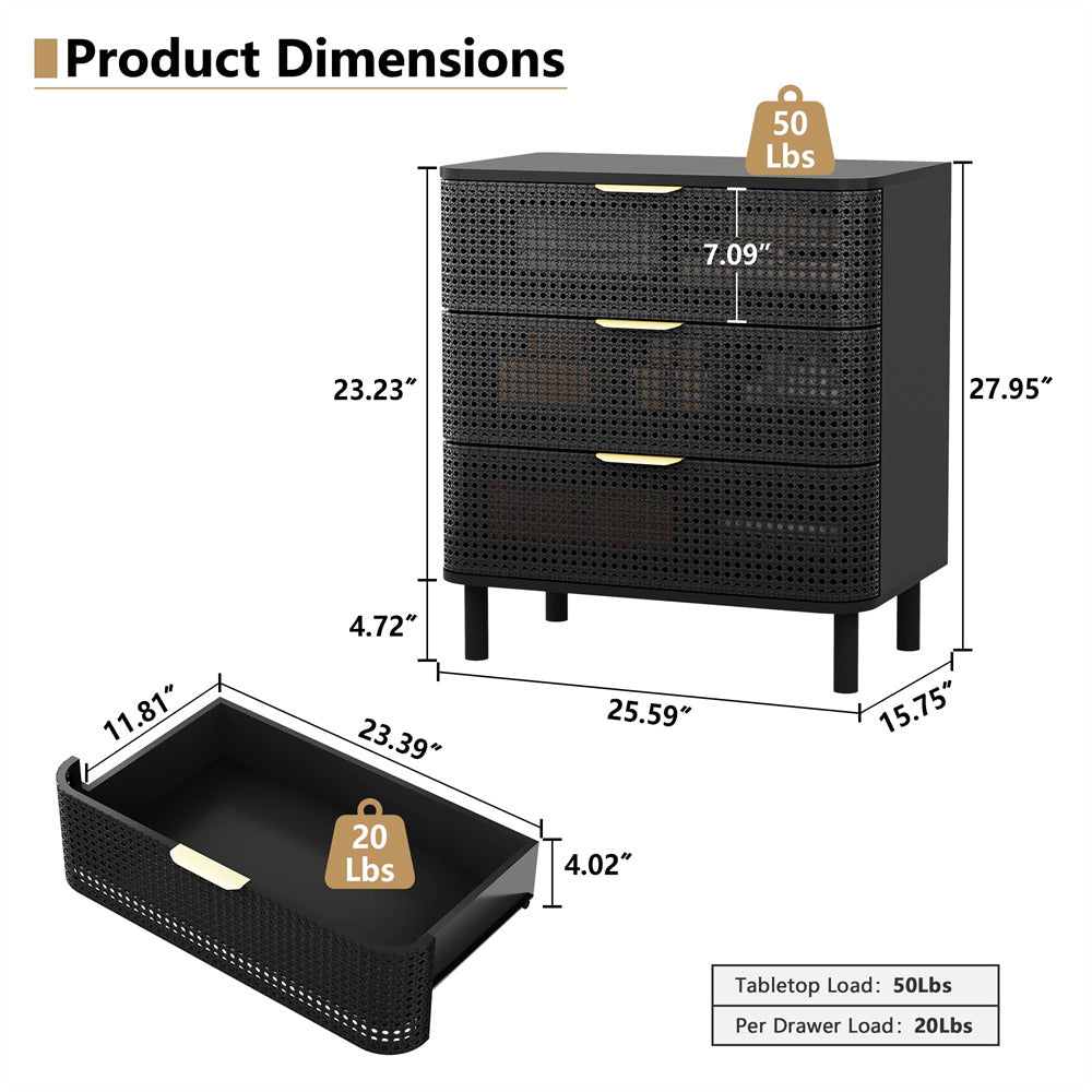 Black Modern Iron Rattan 3 Drawer Dresser Accent Storage Cabinet