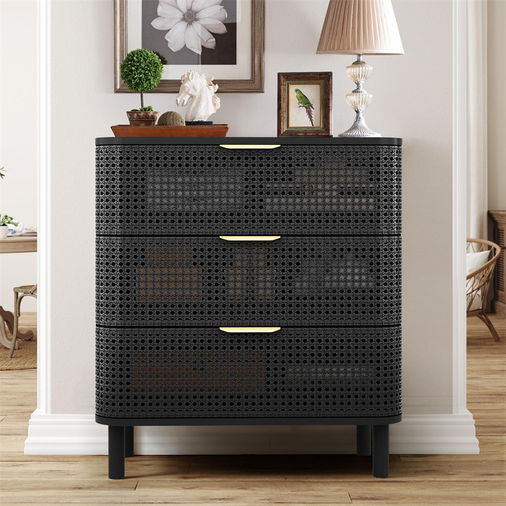 Black Modern Iron Rattan 3 Drawer Dresser Accent Storage Cabinet