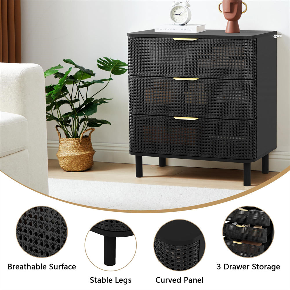 Black Modern Iron Rattan 3 Drawer Dresser Accent Storage Cabinet