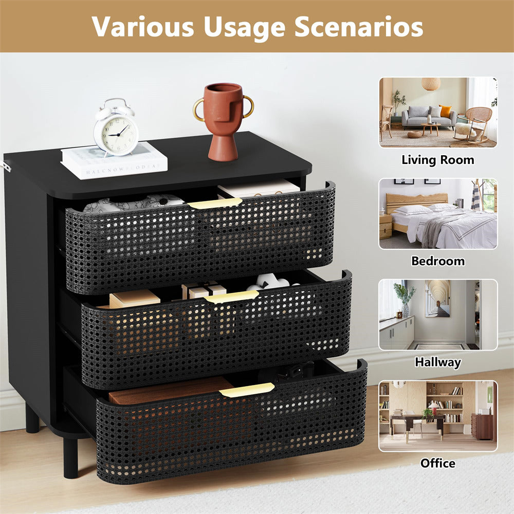 Black Modern Iron Rattan 3 Drawer Dresser Accent Storage Cabinet
