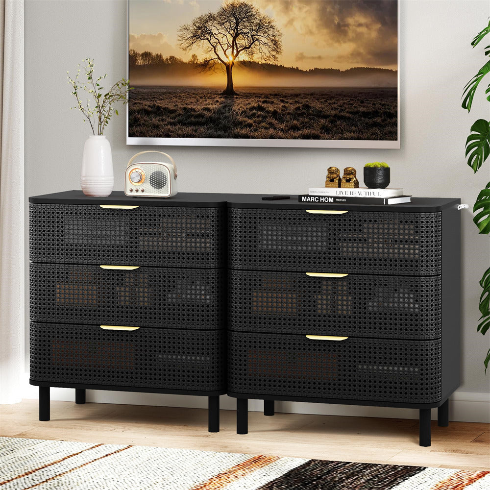 Black Modern Iron Rattan 3 Drawer Dresser Accent Storage Cabinet