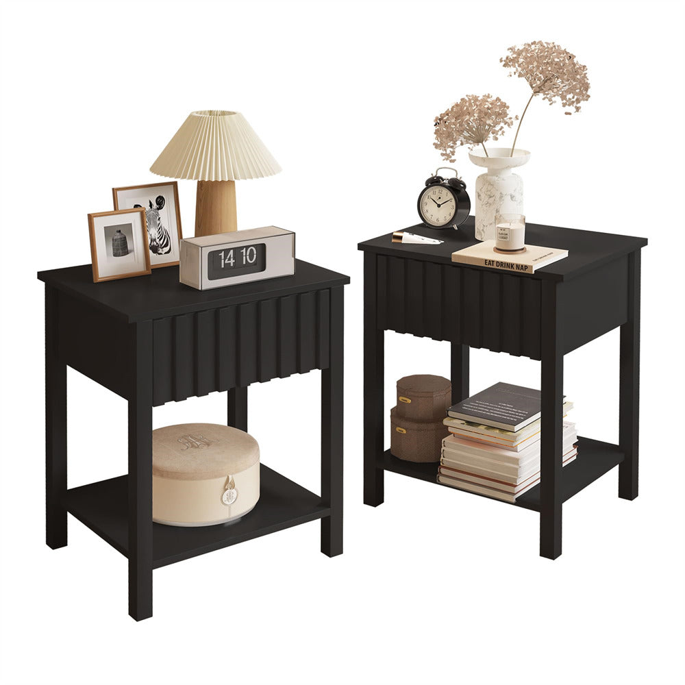 Black Modern Nightstand Farmhouse Side Table with Drawer and Storage Accent