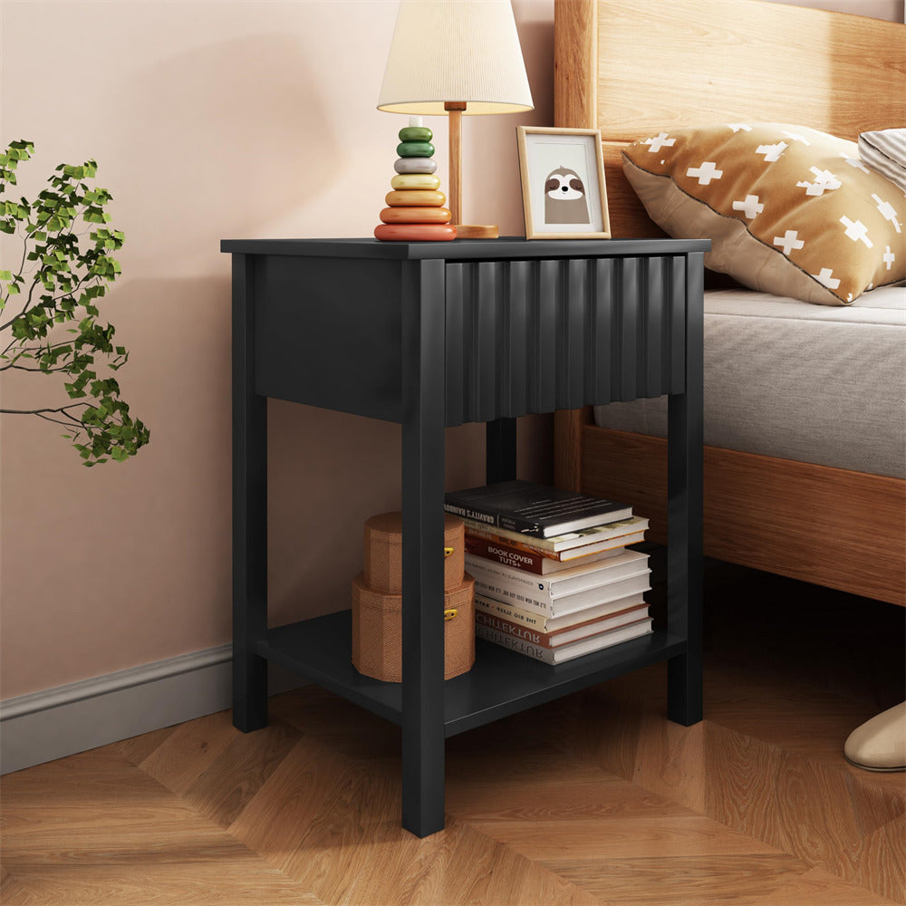 Black Modern Nightstand Farmhouse Side Table with Drawer and Storage Accent