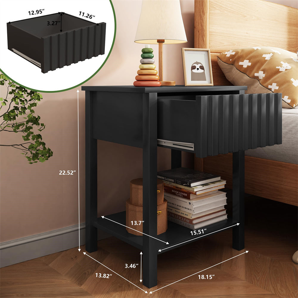 Black Modern Nightstand Farmhouse Side Table with Drawer and Storage Accent
