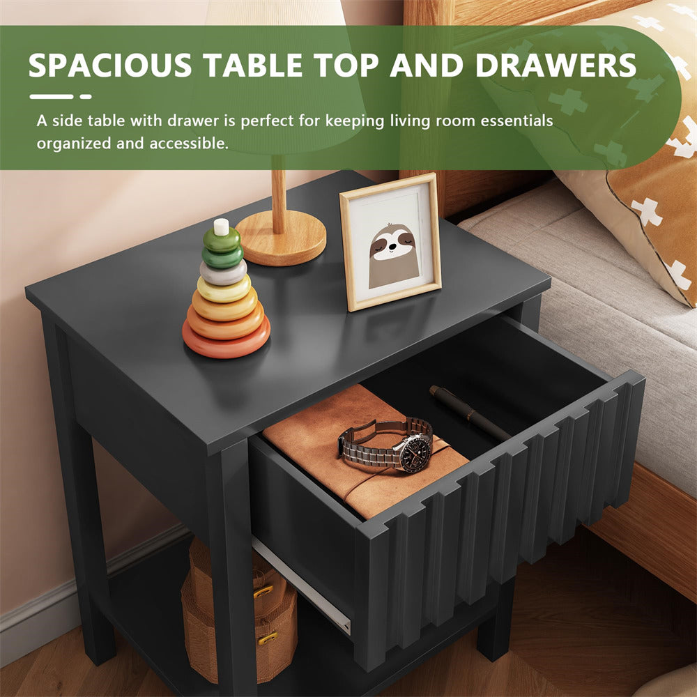 Black Modern Nightstand Farmhouse Side Table with Drawer and Storage Accent