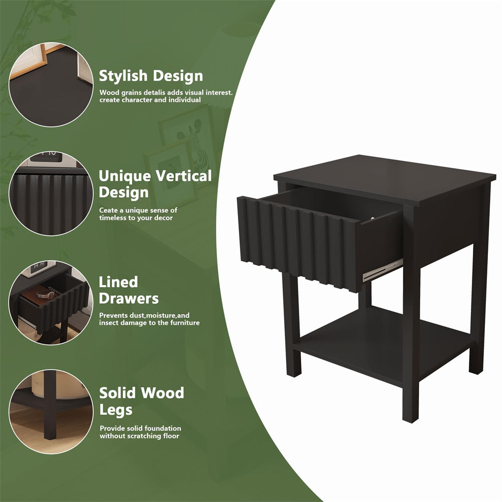 Black Modern Nightstand Farmhouse Side Table with Drawer and Storage Accent