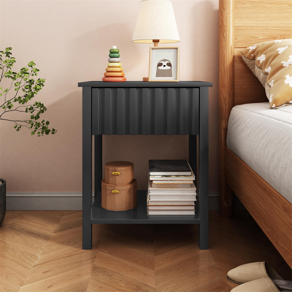 Black Modern Nightstand Farmhouse Side Table with Drawer and Storage Accent