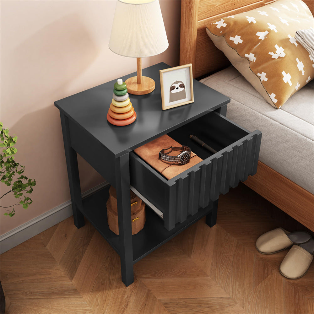 Black Modern Nightstand Farmhouse Side Table with Drawer and Storage Accent