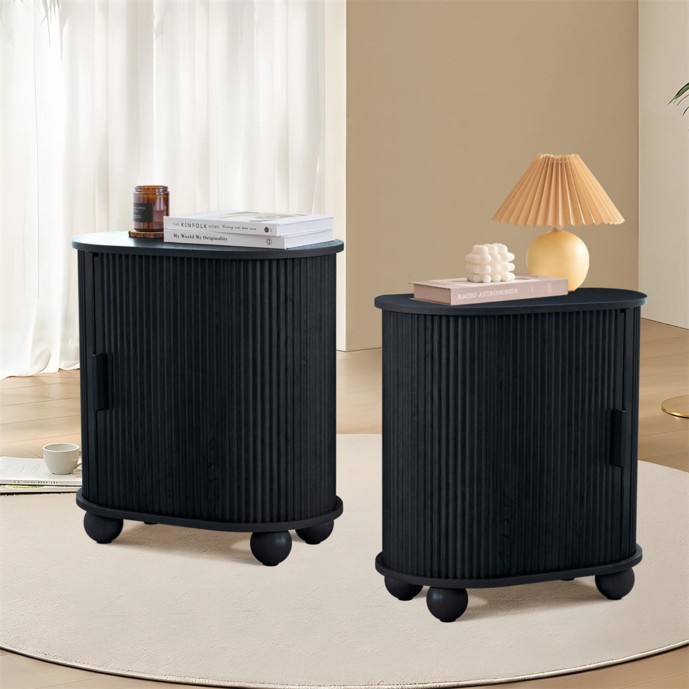 Black Modern Oval End Table Set of 2 with Storage Space and Sliding Door