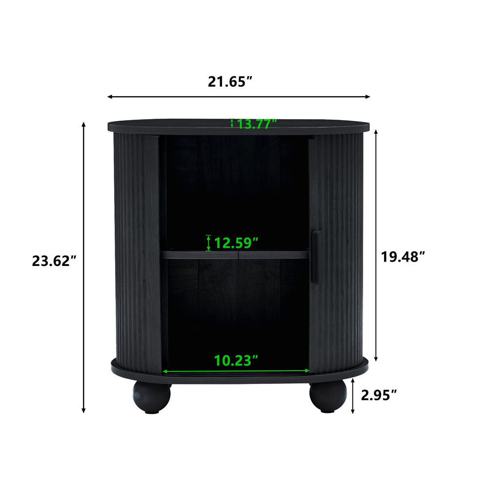 Black Modern Oval End Table Set of 2 with Storage Space and Sliding Door Size