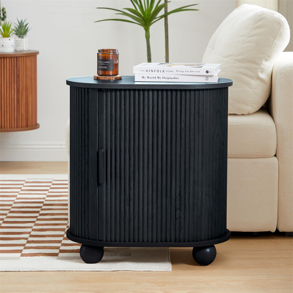 Black Modern Oval End Table Set of 2 with Storage Space and Sliding Door