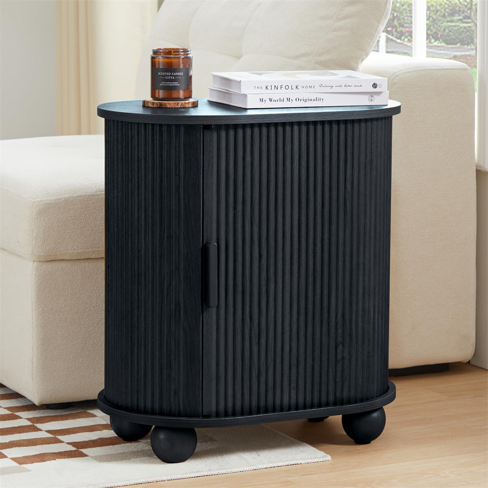 Black Modern Oval End Table Set of 2 with Storage Space and Sliding Door