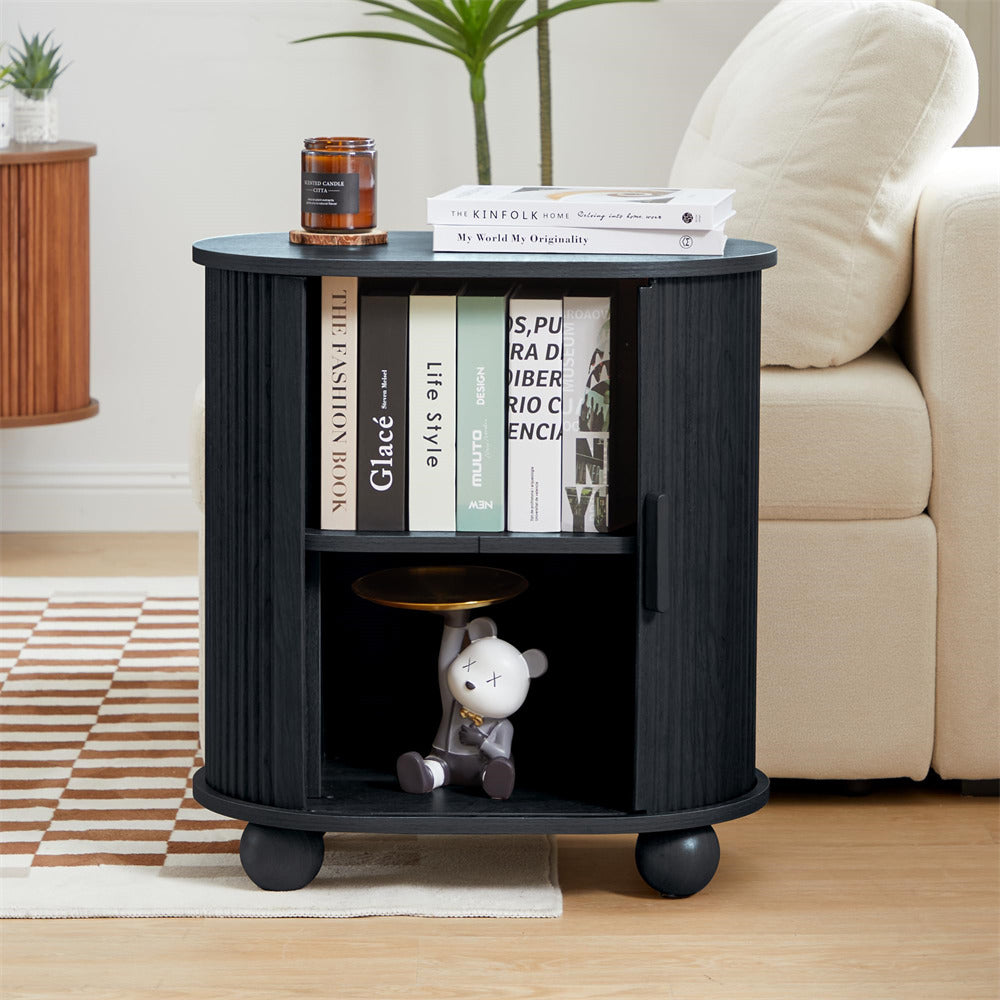 Black Modern Oval End Table Set of 2 with Storage Space and Sliding Door