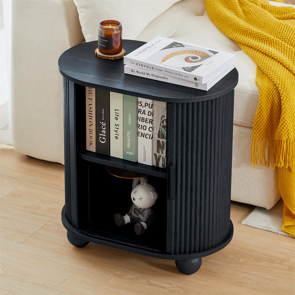 Black Modern Oval End Table Set of 2 with Storage Space and Sliding Door