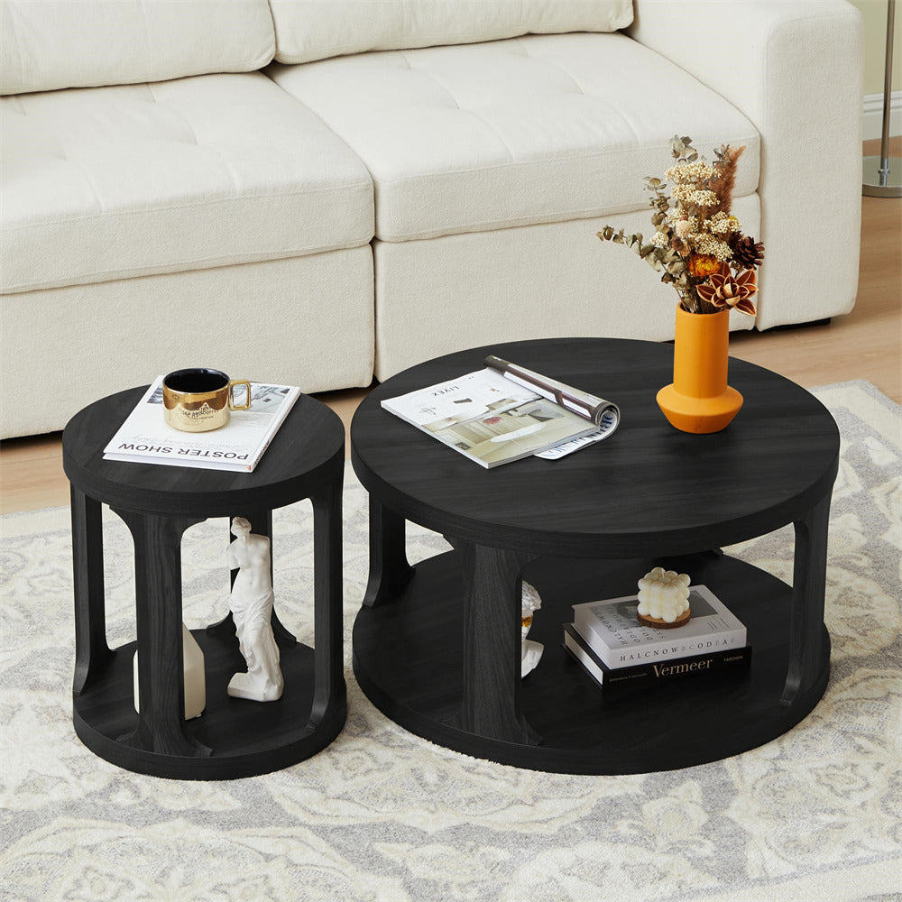 Black Modern Side Table Round Nesting Coffee Table Set of 2 with Storage Shelf