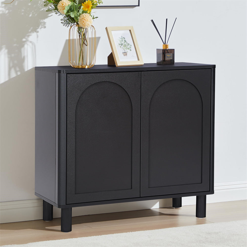 Black Modern Sideboard Storage Cabinet Console Table with Arched Finish Doors and Solid Wood Legs