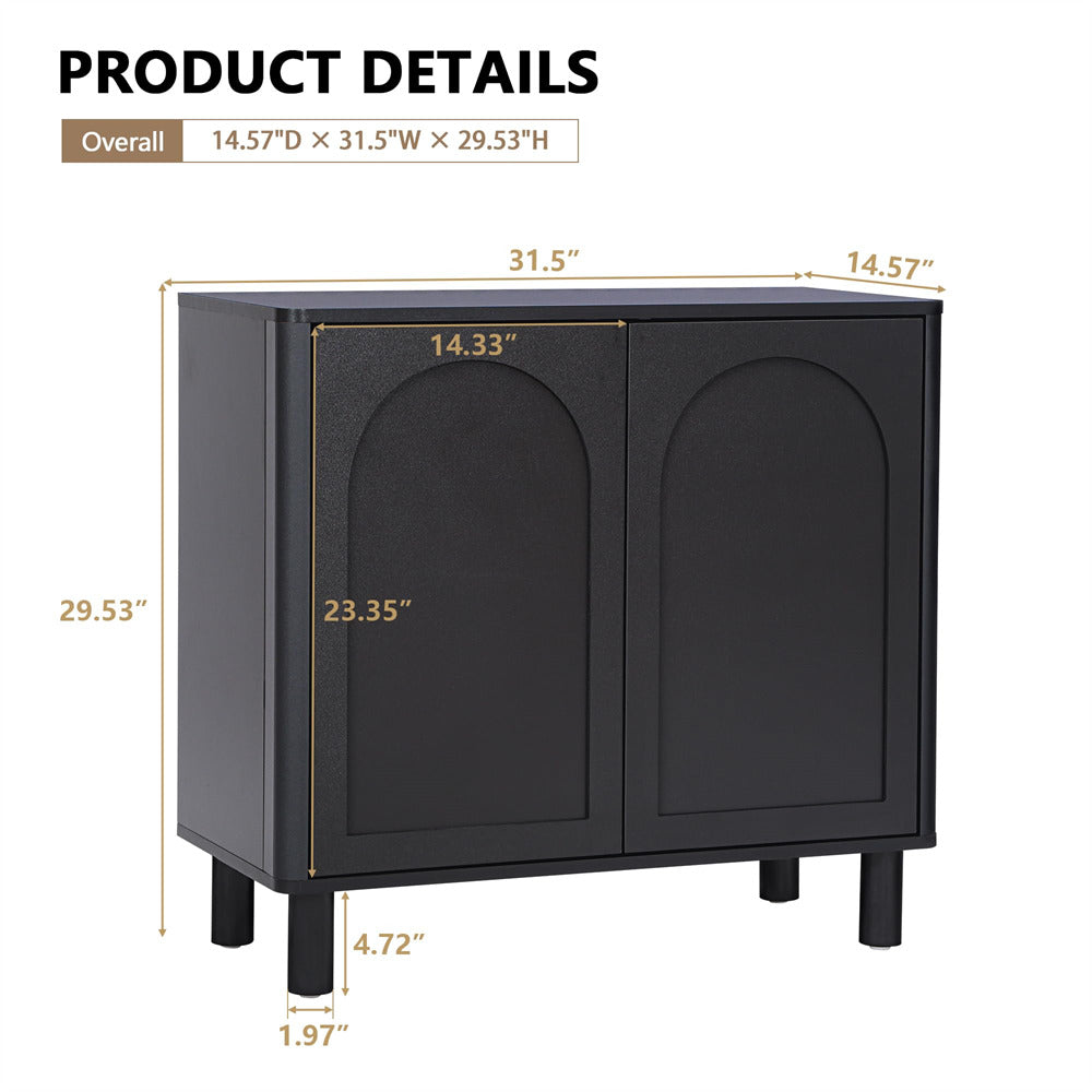 Black Modern Sideboard Storage Cabinet Console Table with Arched Finish Doors and Solid Wood Legs