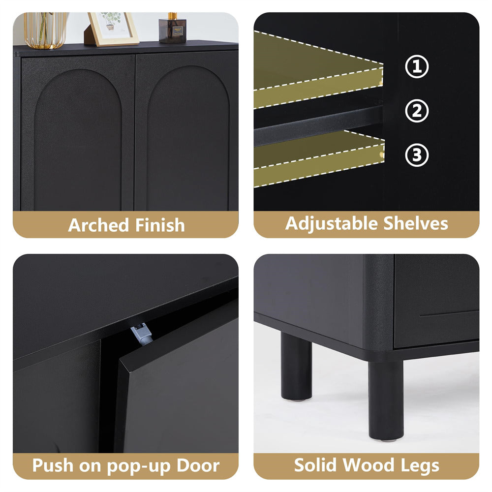 Black Modern Sideboard Storage Cabinet Console Table with Arched Finish Doors and Solid Wood Legs