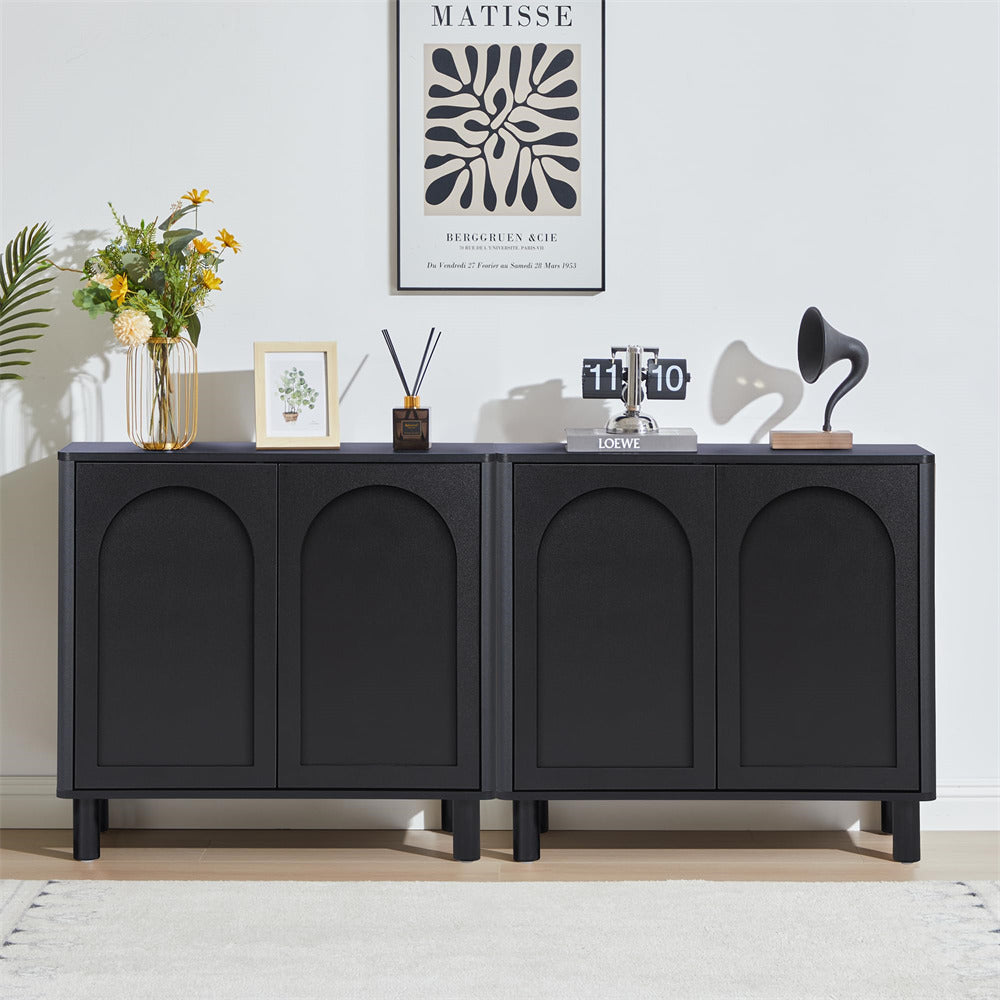Black Modern Sideboard Storage Cabinet Console Table with Arched Finish Doors and Solid Wood Legs