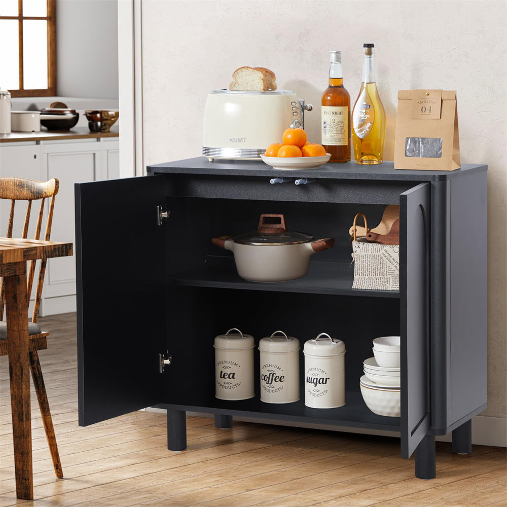 Black Modern Sideboard Storage Cabinet Console Table with Arched Finish Doors and Solid Wood Legs