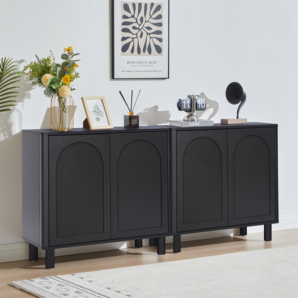 Black Modern Sideboard Storage Cabinet Console Table with Arched Finish Doors and Solid Wood Legs