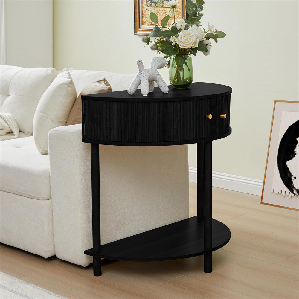 Black Modern Small Fluted Half Moon Entryway Console Table with Storage and Solid Wood Legs