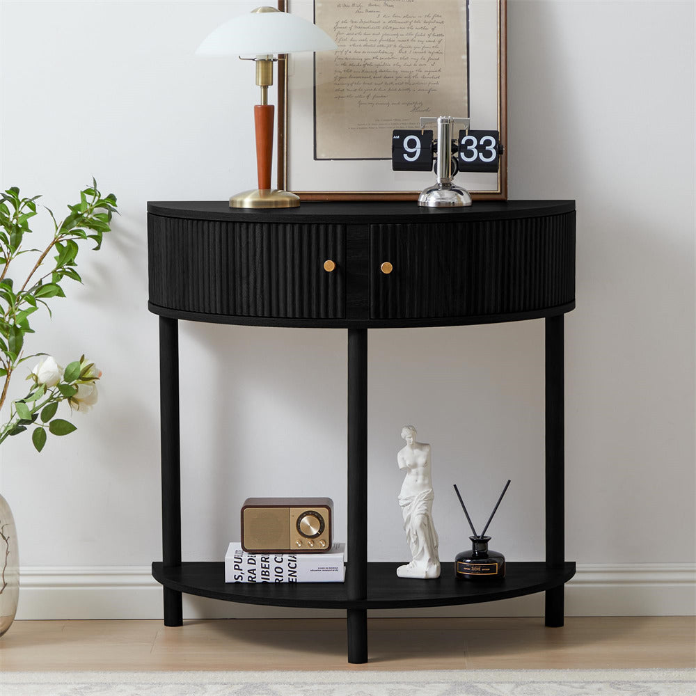 Black Modern Small Fluted Half Moon Entryway Console Table with Storage and Solid Wood Legs